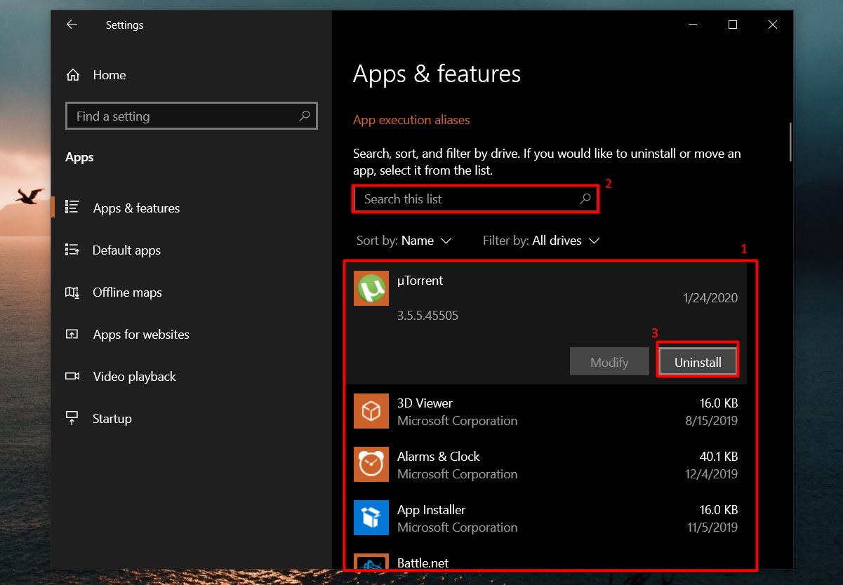remove app in windows