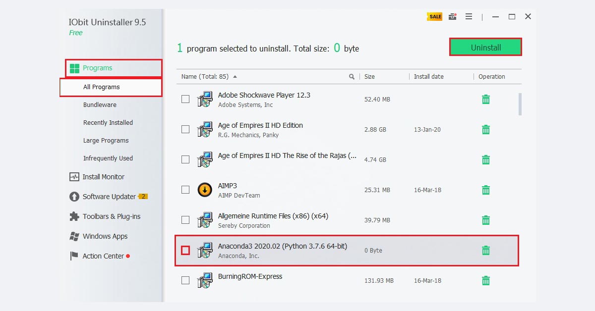 uninstall Anaconda with IObit